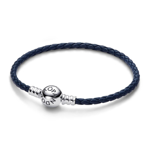 Pandora - Bracelet en Cuir Tressé Bleu Fermoir Céleste Pandora Moments - Bijoux en Argent